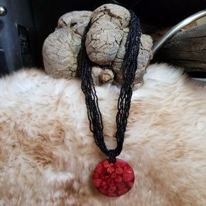 Hand Beaded Statement Necklace with Large Red Medallion